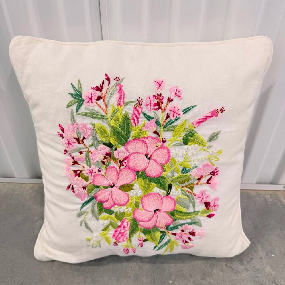 Vintage Floral Crewel Embroidered Accent Pillow Hibiscus Pink Handcrafted